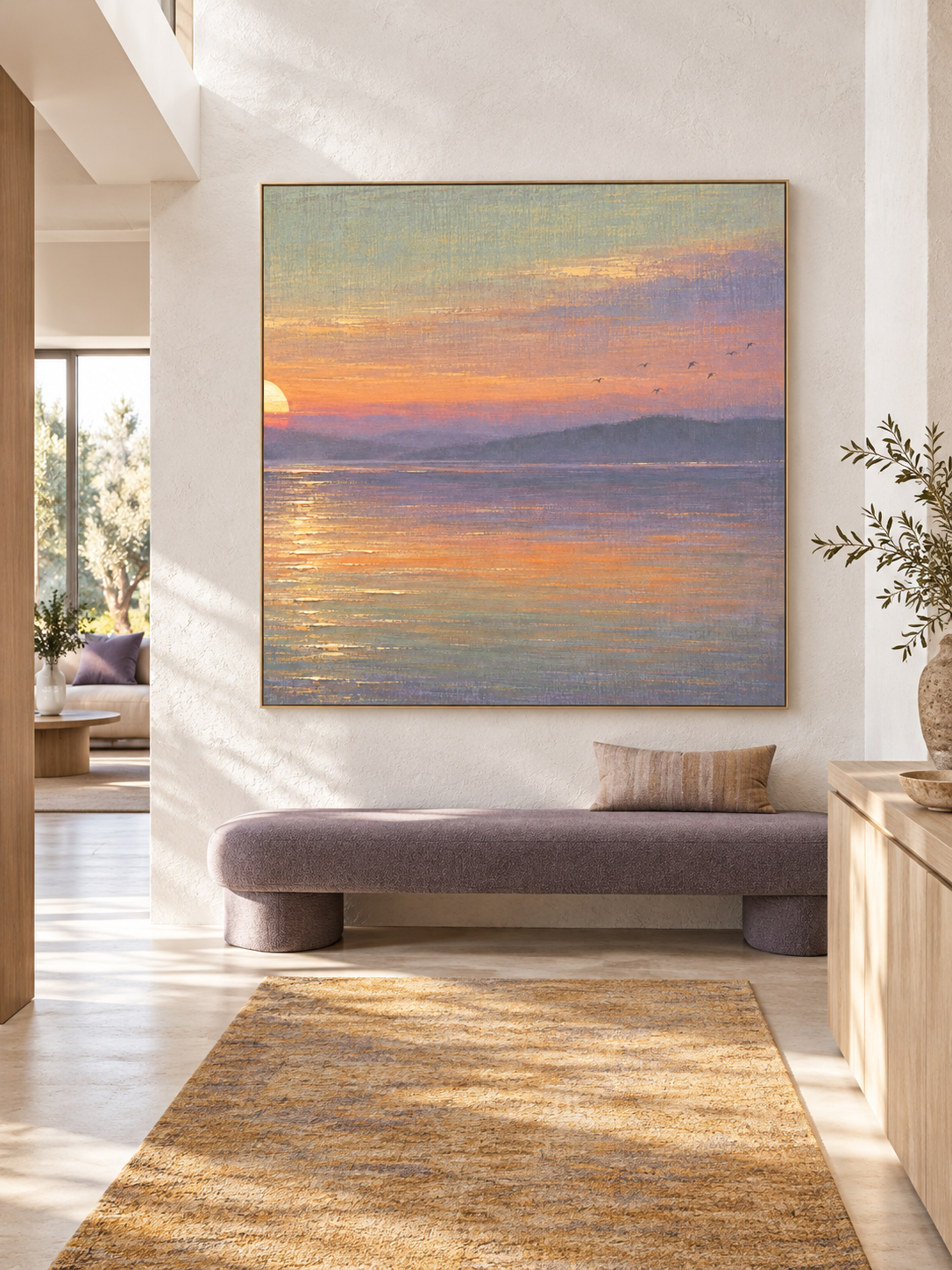 Golden Sunset Lake Square Wall Art Hand Painted Birds And Water Landscape Painting
