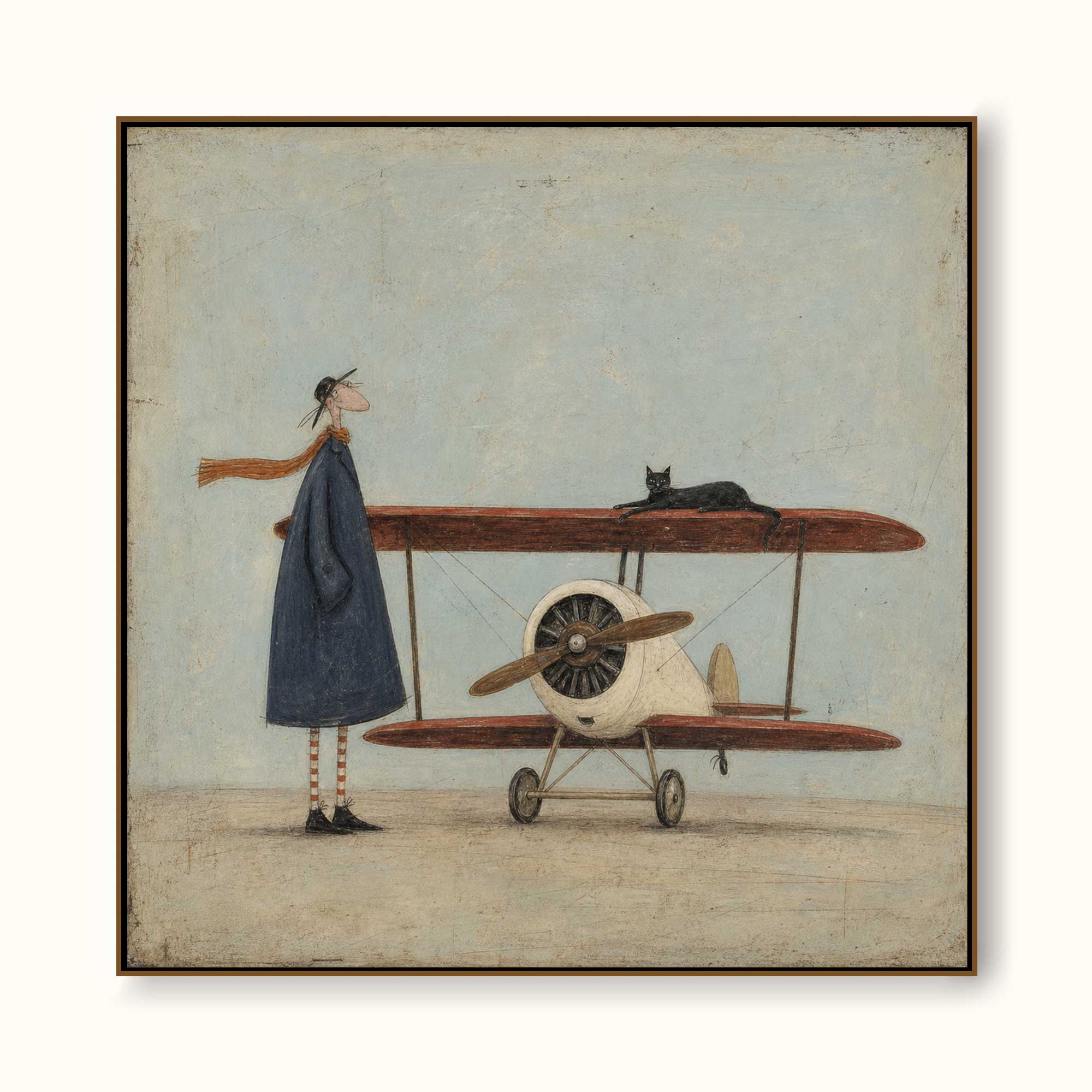 Vintage Airplane Art With Whimsical Figure In Square Canvas Framed For Modern Home Decor