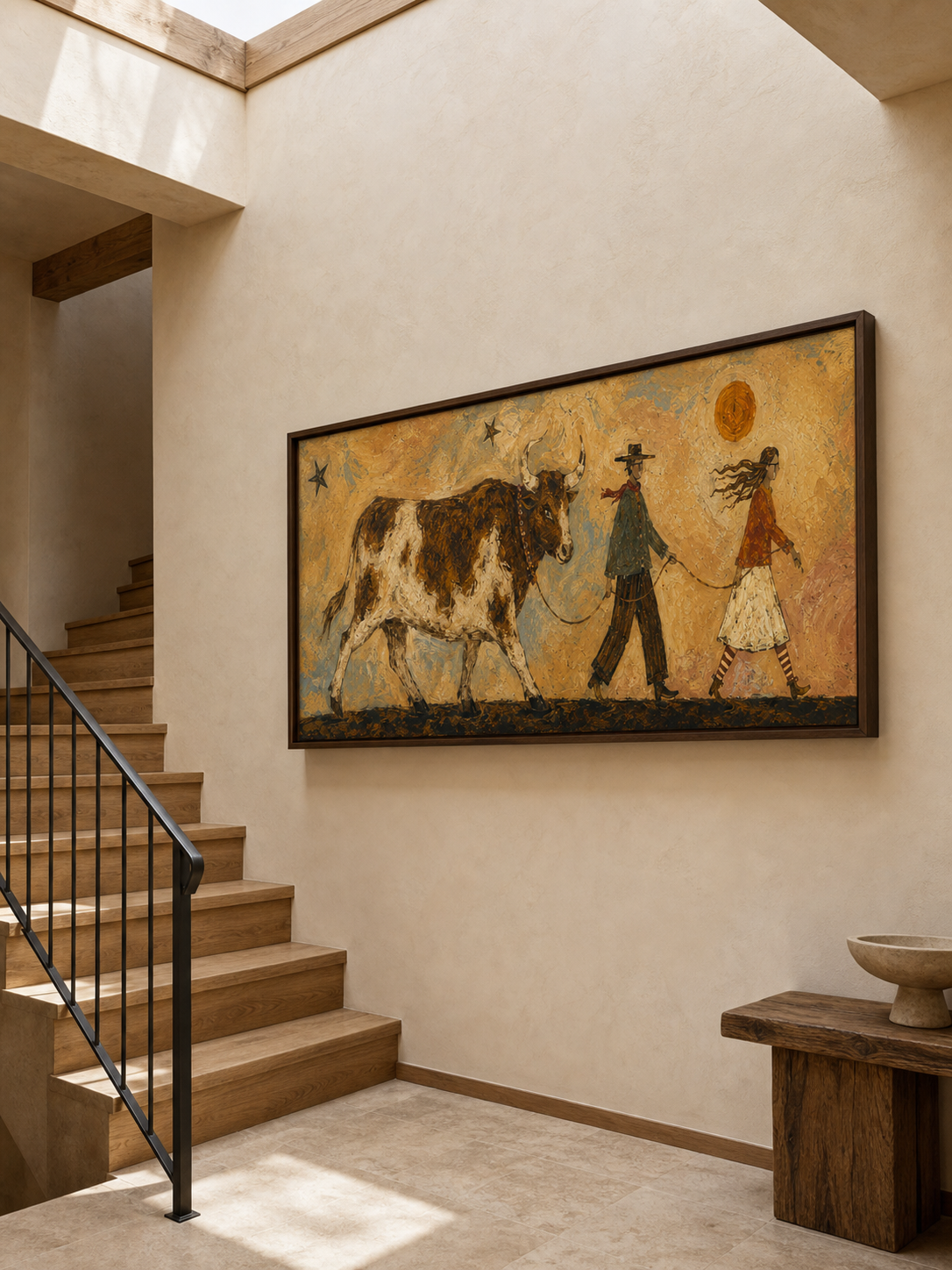 Original Handmade Western Oil Painting Large Vintage Cow Art Framed Ready To Hang