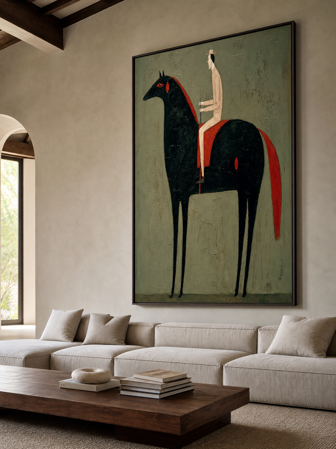 Vintage Equestrian Oil Painting Black Horse And Rider Vertical Canvas Wall Art For Living Room Decor