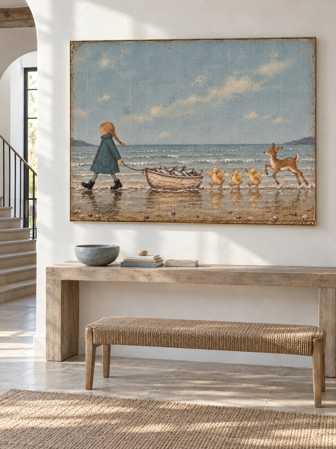 Whimsical Girl And Animals Coastal Canvas Painting Hand-Painted Wall Art