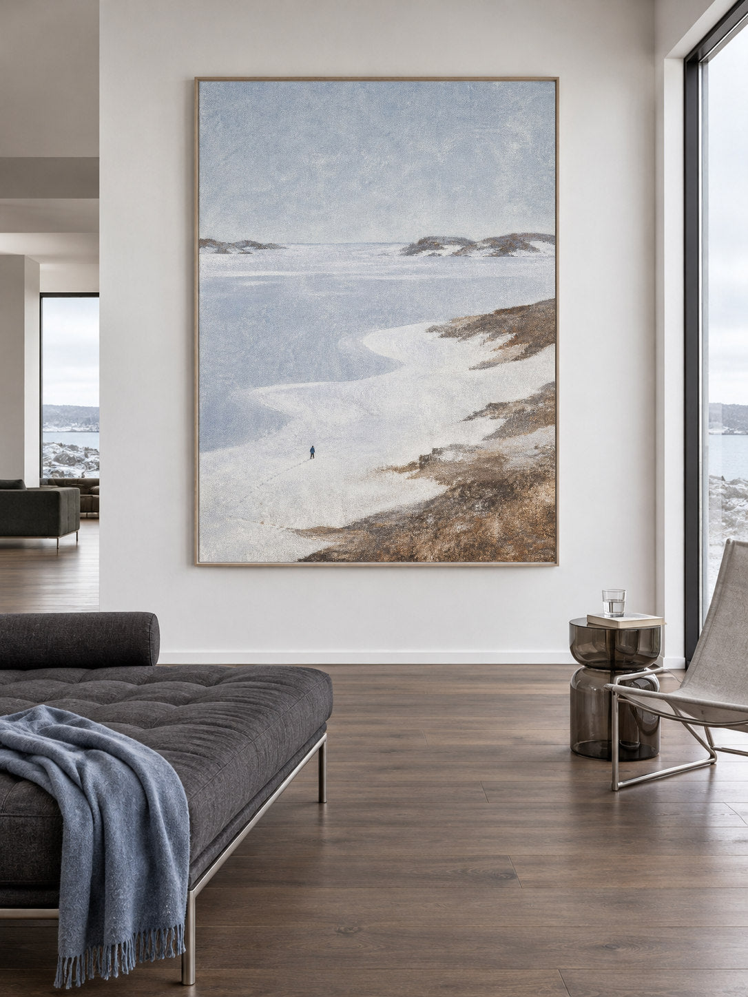 Minimalist Winter Shoreline Original Canvas Painting With Textured Snow Effect