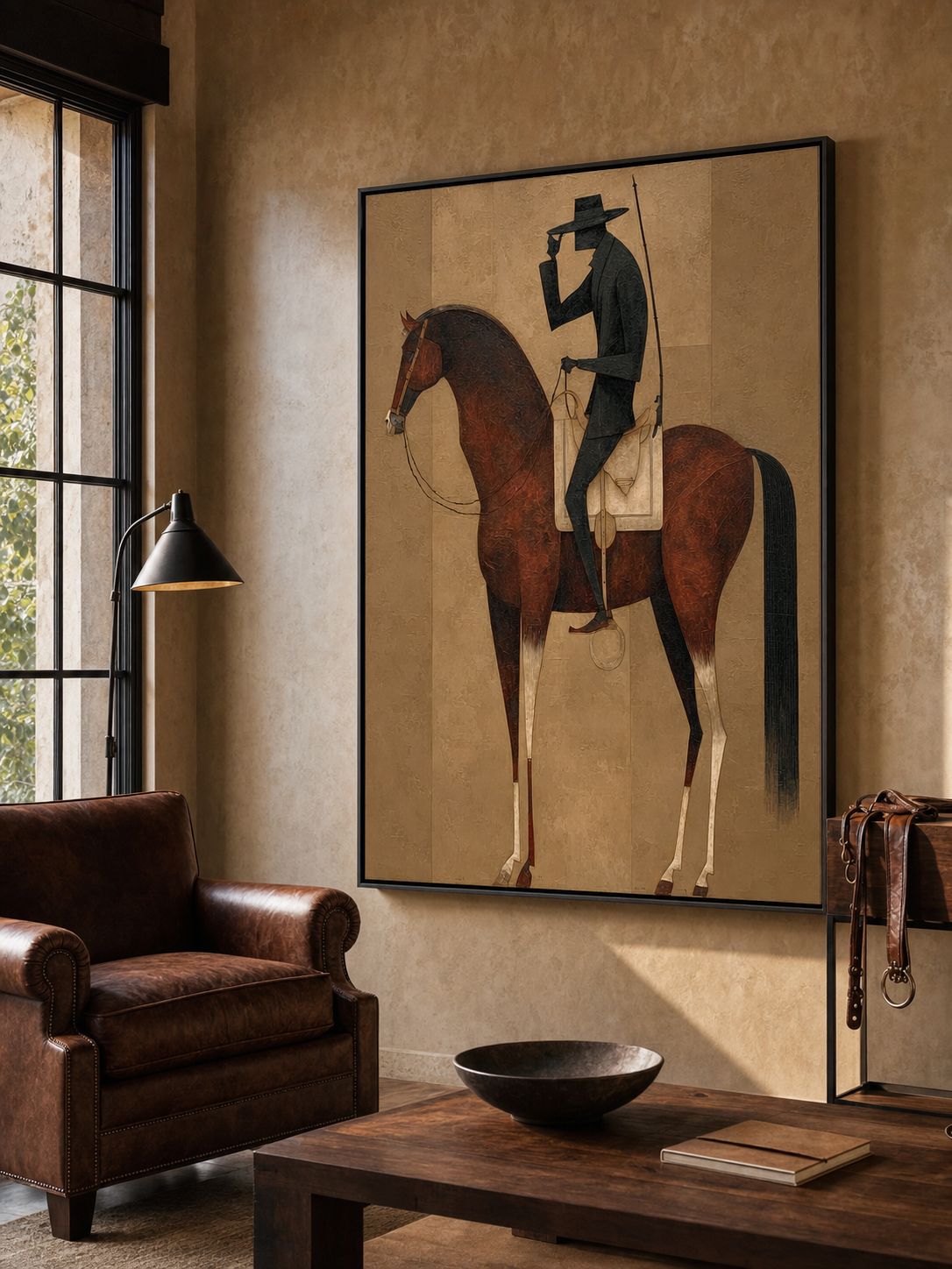 Modernist Brown And Beige Horse Painting With Abstract Human Figure