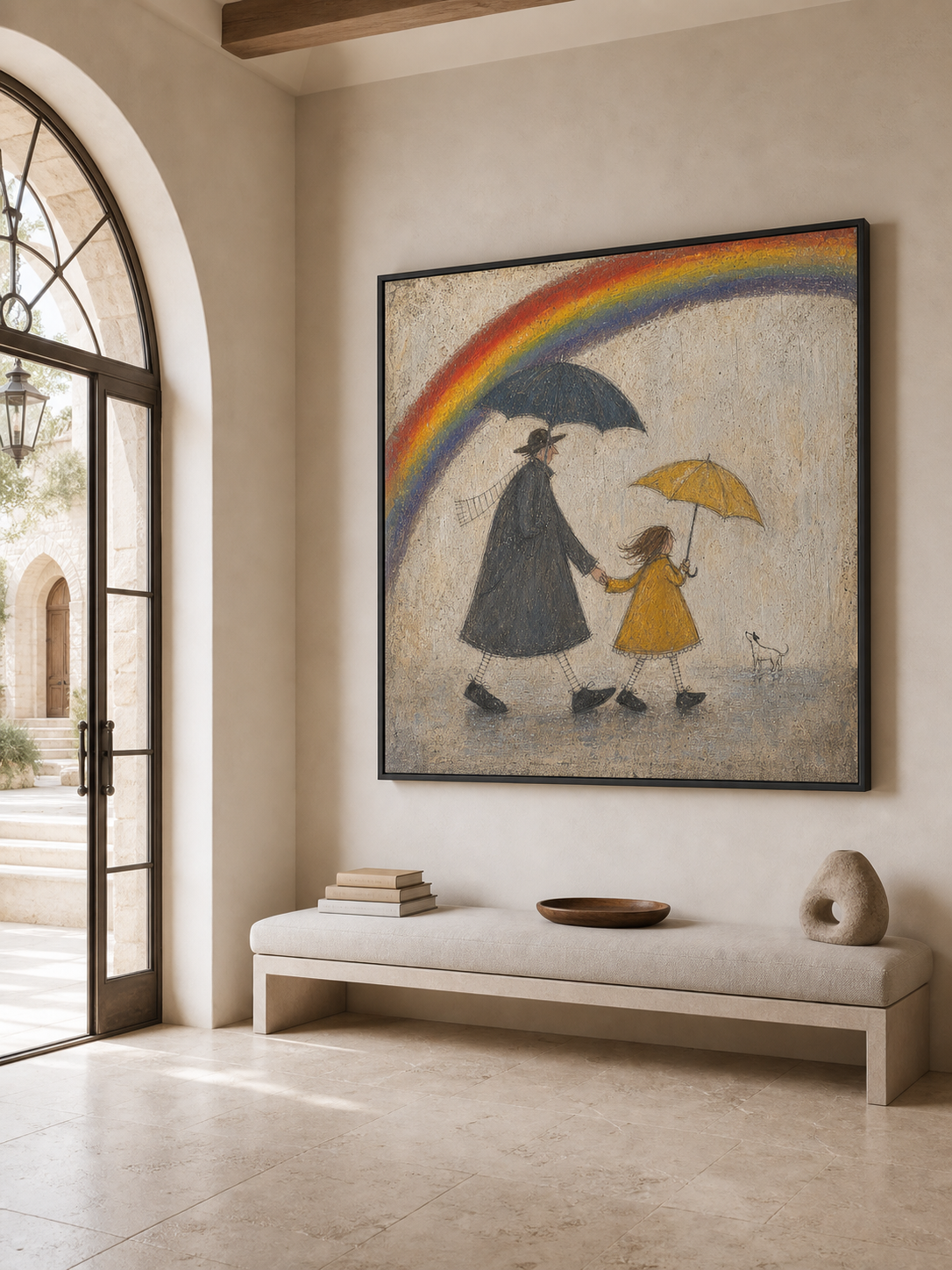 Original Handmade Painting Father And Daughter In Rain Minimalist Wall Art