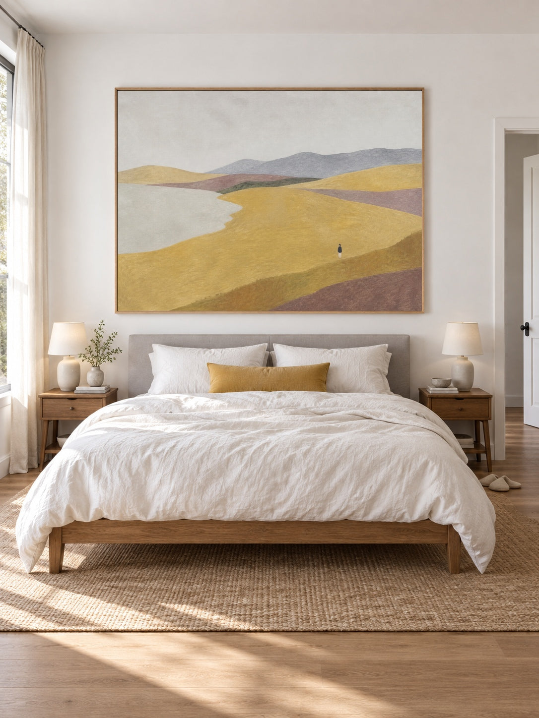 Neutral Golden Hill Canvas Art With Lone Figure For Contemporary Bedroom Decor