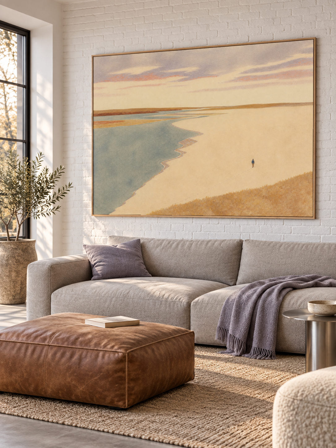 Warm Gold Estuary Landscape Canvas Art With Lone Walker For Bedroom Decor