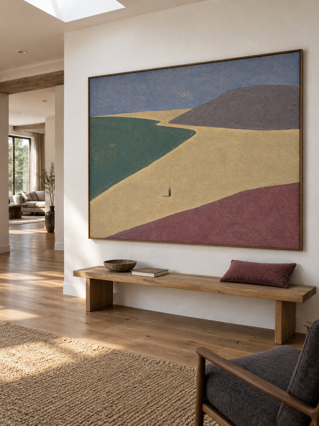 Minimalist Color Block Landscape Canvas Art With Lone Figure For Bedroom Decor