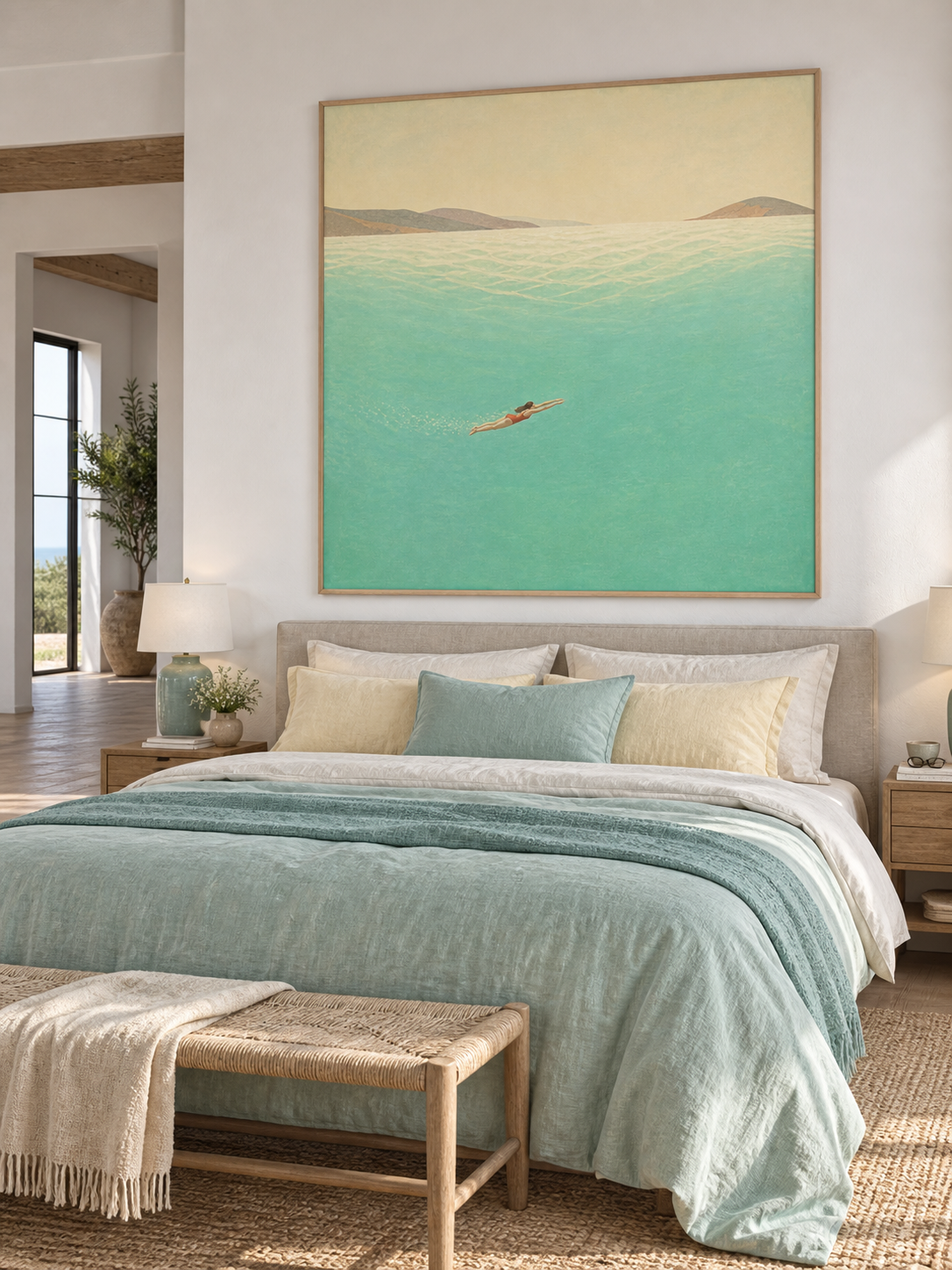Minimalist Diving Art Original Oil Painting Beige And Green Tones