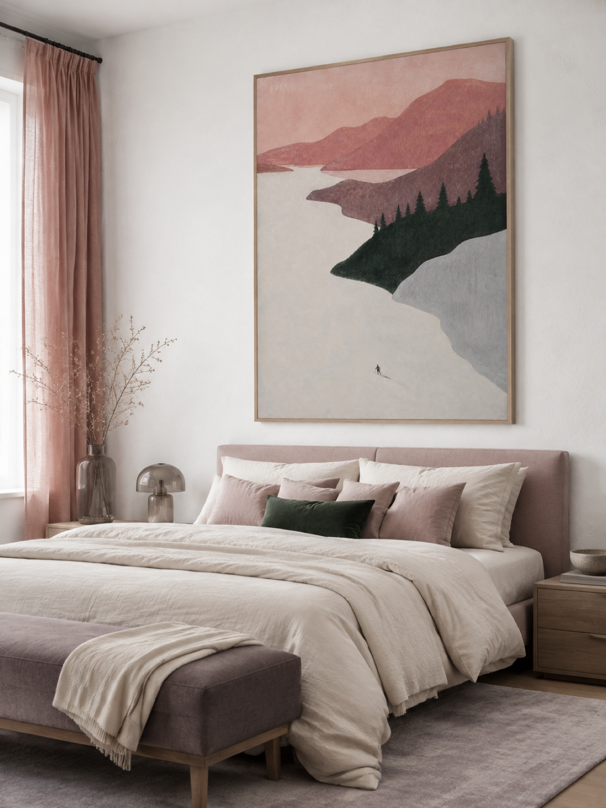Lone Skier Crossing A Snowy Alpine Valley Contemporary Oil Painting