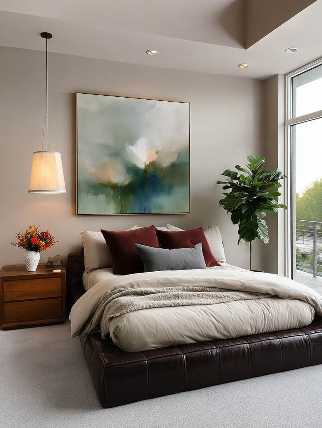 Minimalist Abstract Flower Art With Textured Linen Canvas Neutral Wall Decor