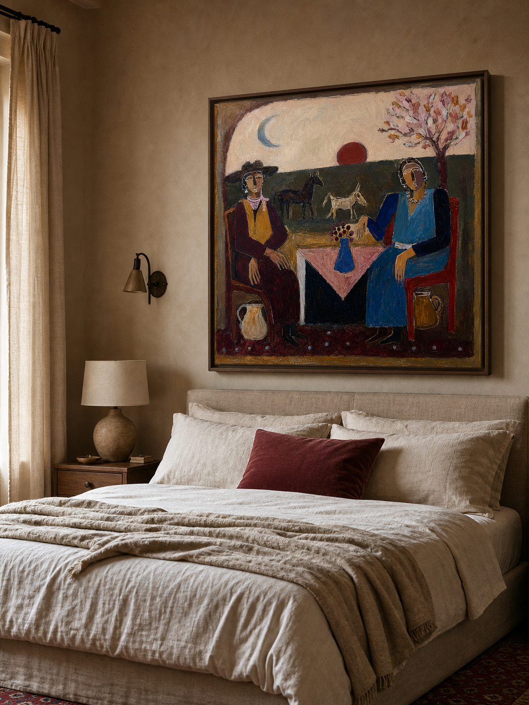 Boho Mediterranean Interior Painting Vintage Inspired Boho Figurative Art For Living Room Decor