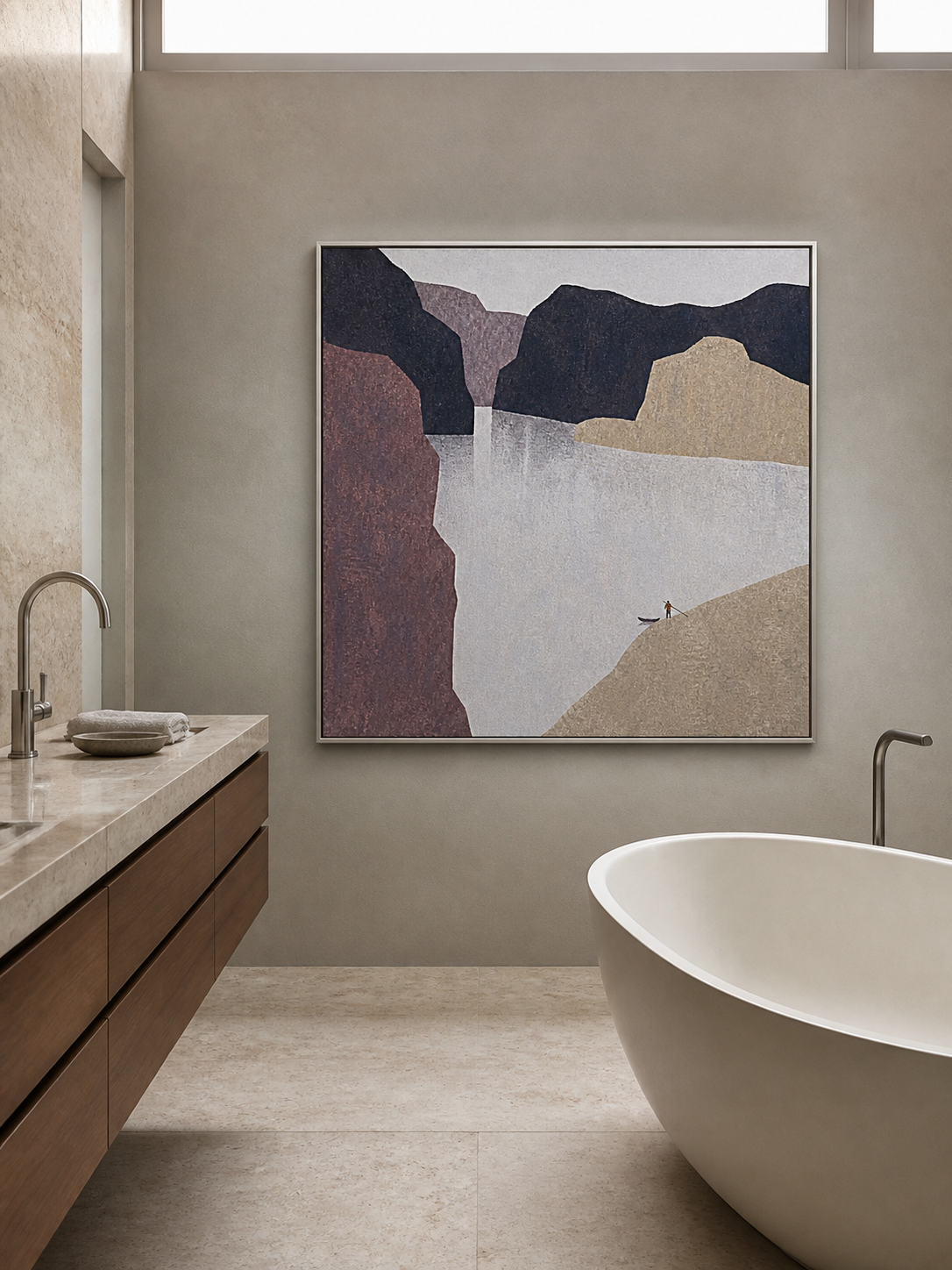 Hand Painted Minimalist Abstract Figure Fjord Landscape Large Wall Art