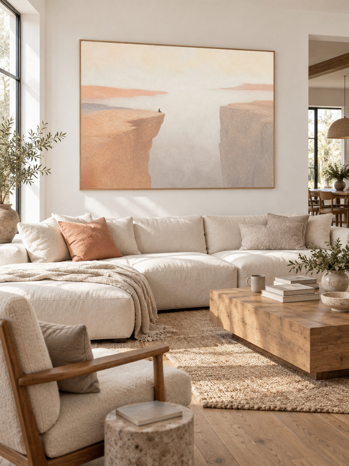 Solitary Figure On Peach Cliff Hand-Painted Canvas Wall Art In Neutral Tones