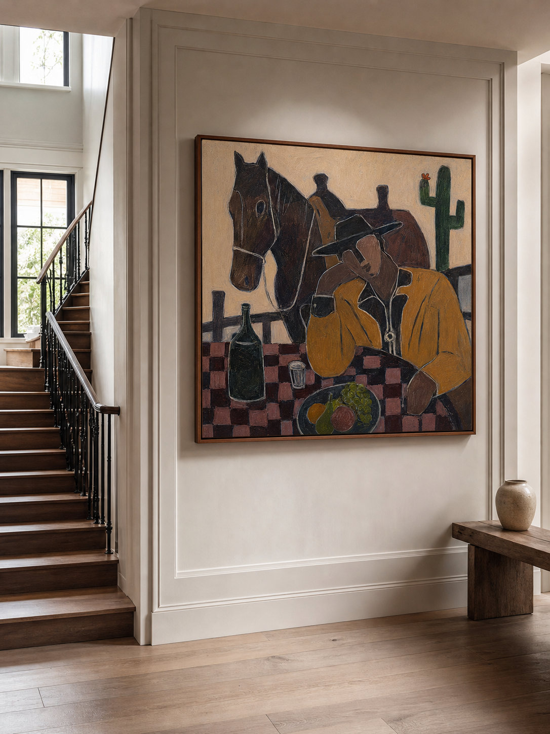 Modern Cowboy And Horse Painting For Rustic Home Decor With Earthy Tones