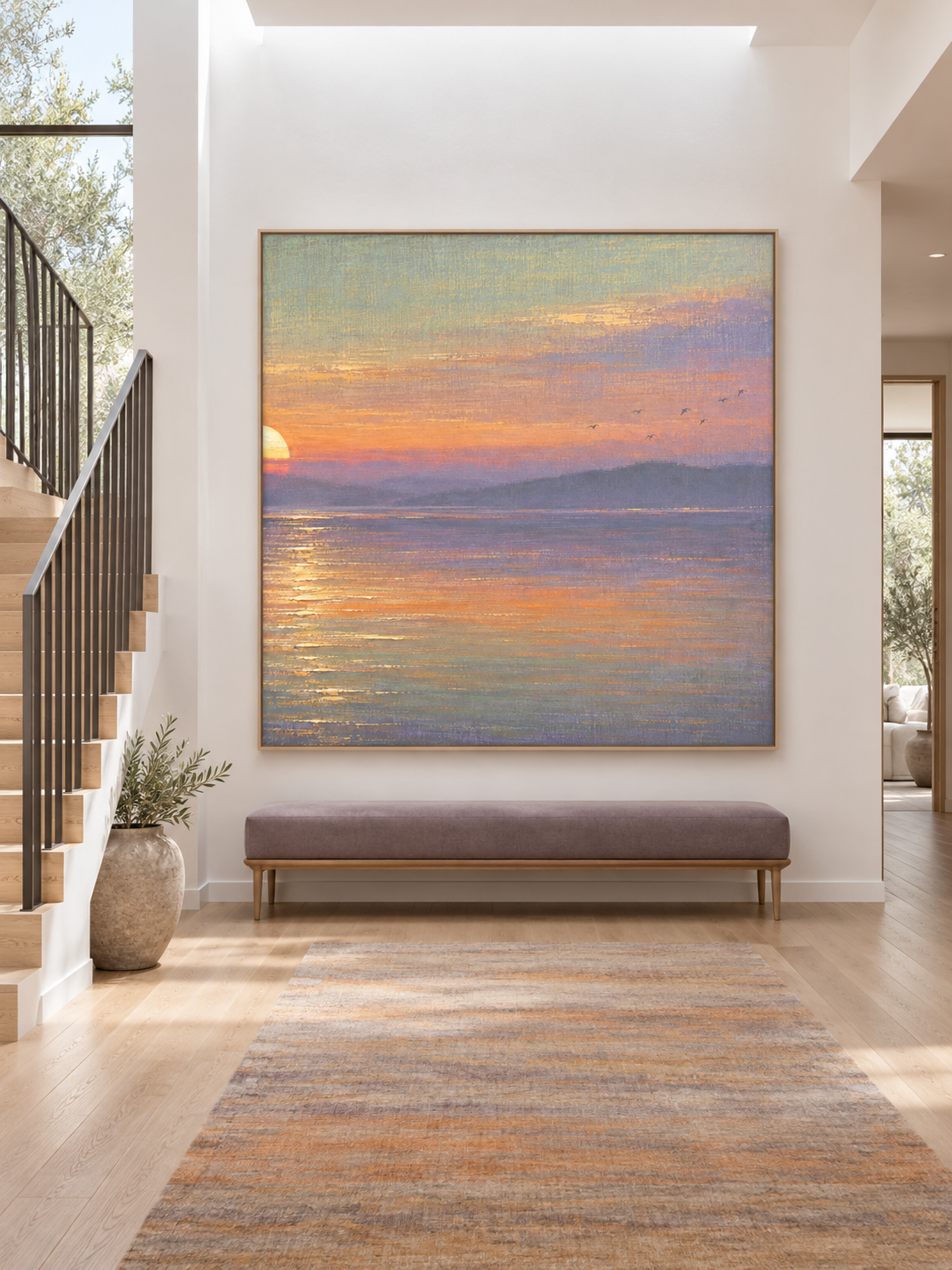 Golden Sunset Lake Square Wall Art Hand Painted Birds And Water Landscape Painting