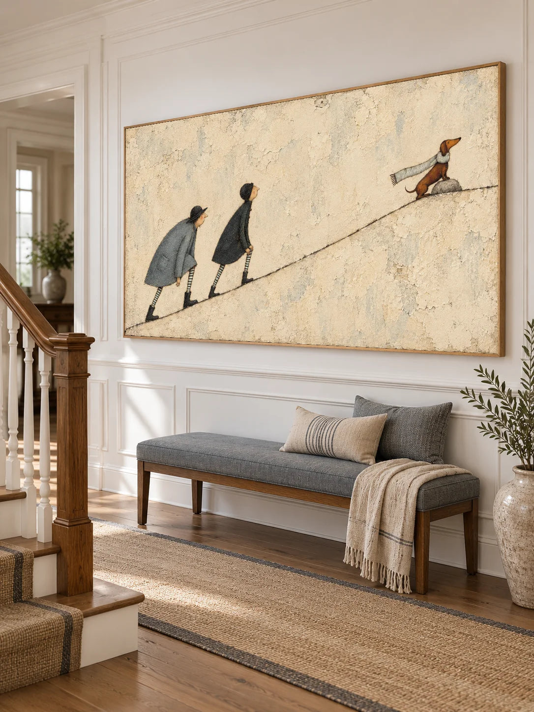 Hand Painted Dachshund Adventure Wall Art Minimalist Storybook Canvas Artwork