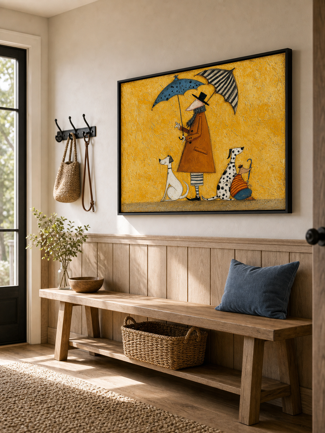 Whimsical Abstract Figure With Dogs Under Umbrellas Original Oil Painting On Linen Canvas For Eclectic Interior Decor