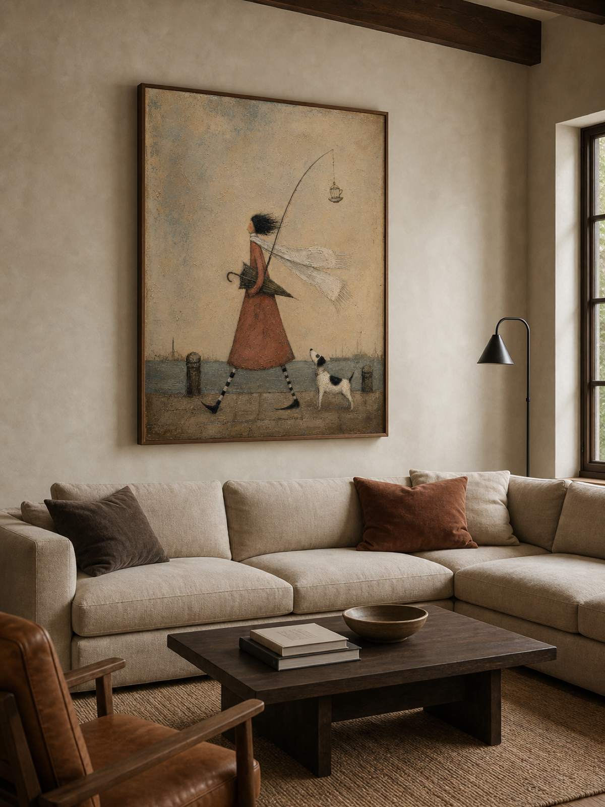 Whimsical Coastal Girl With Dog Painting Original Art For Living Room Decor