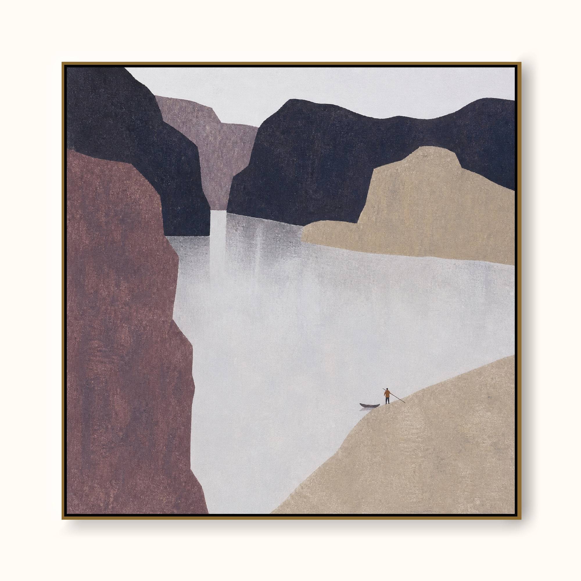 Hand Painted Minimalist Abstract Figure Fjord Landscape Large Wall Art