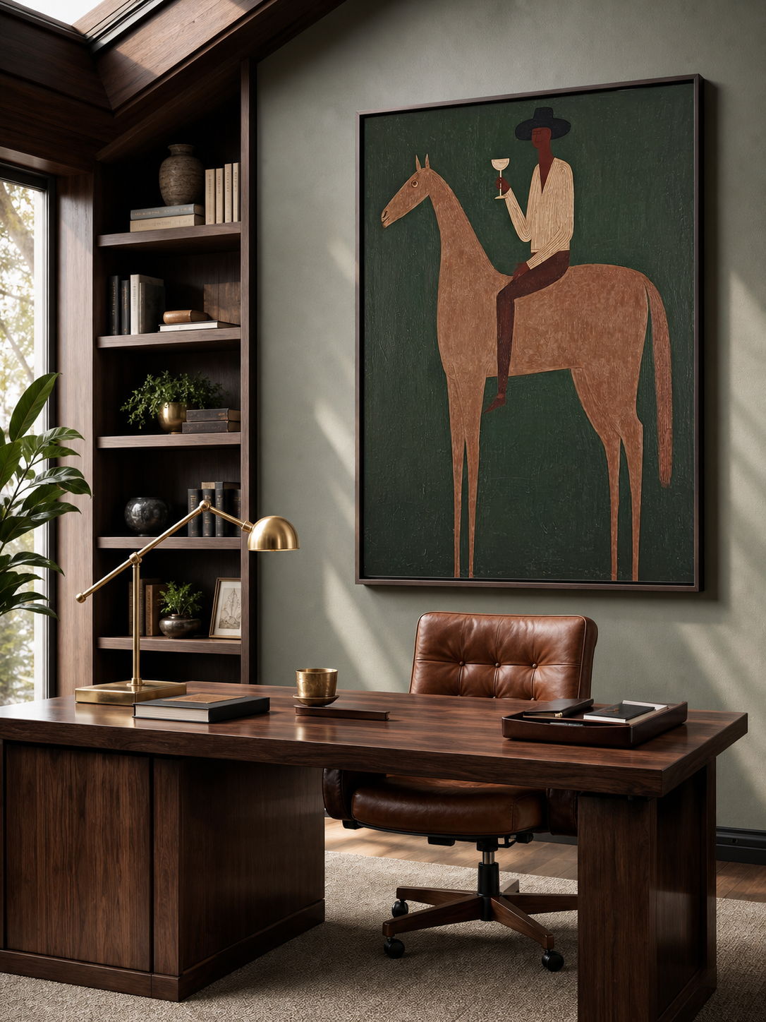 Vintage Equestrian Art Print Featuring Gentleman On Horse With Green Background For Living Room Decor
