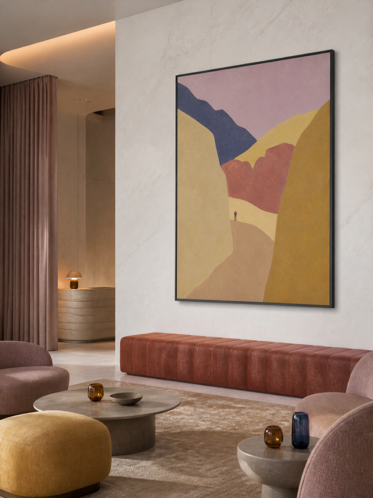 Oversized Abstract Valley With Warm Ochre Peaks Minimalist Framed Painting