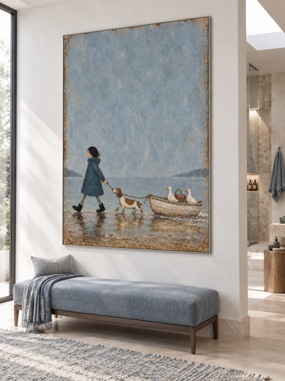 Whimsical Hand Painted Art Of A Child And Dog On A Coastal Adventure For Room Decor