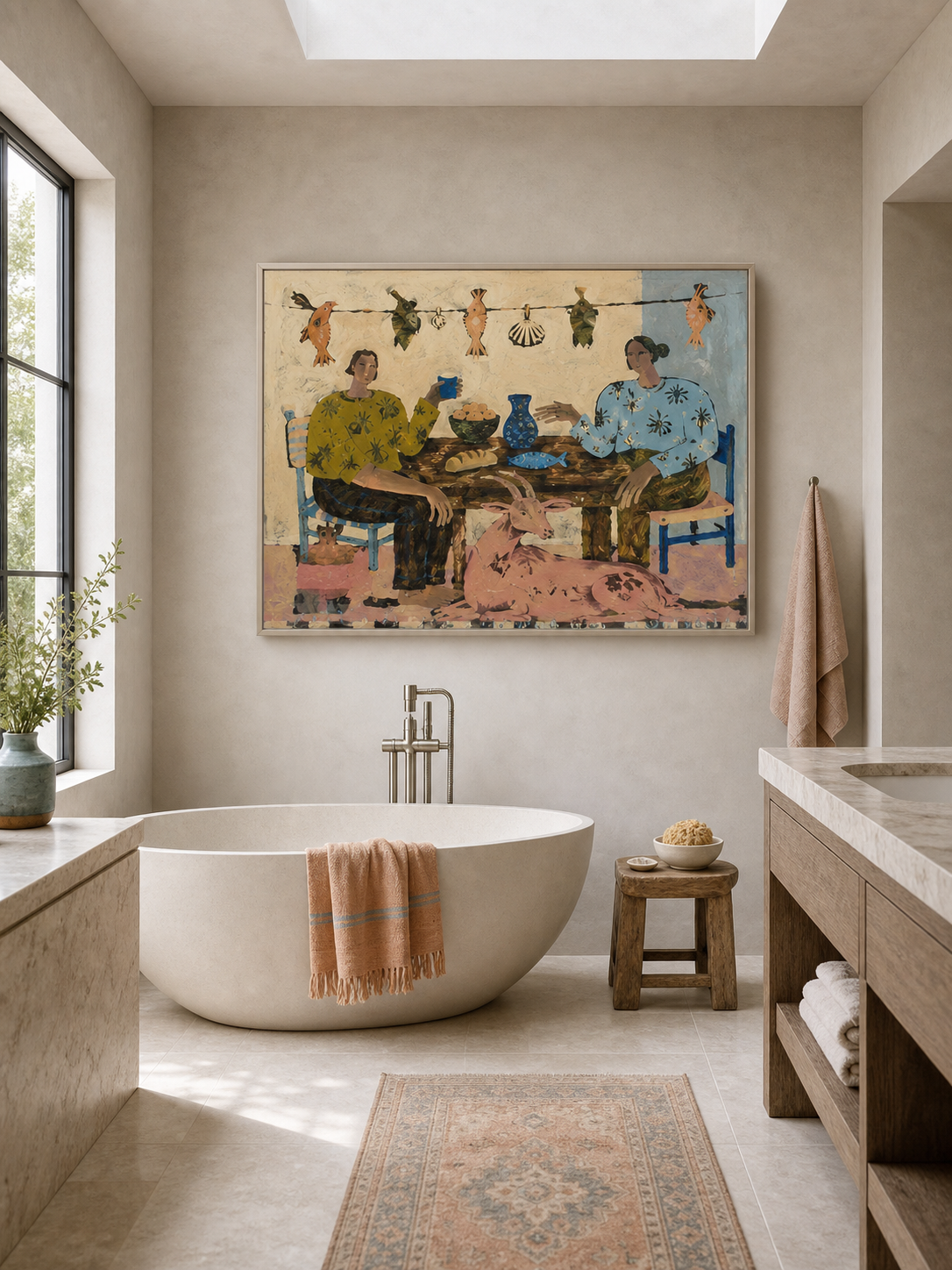 Large Minimalist Bohemian People Canvas Art Framed Original Retro Dining Room Painting