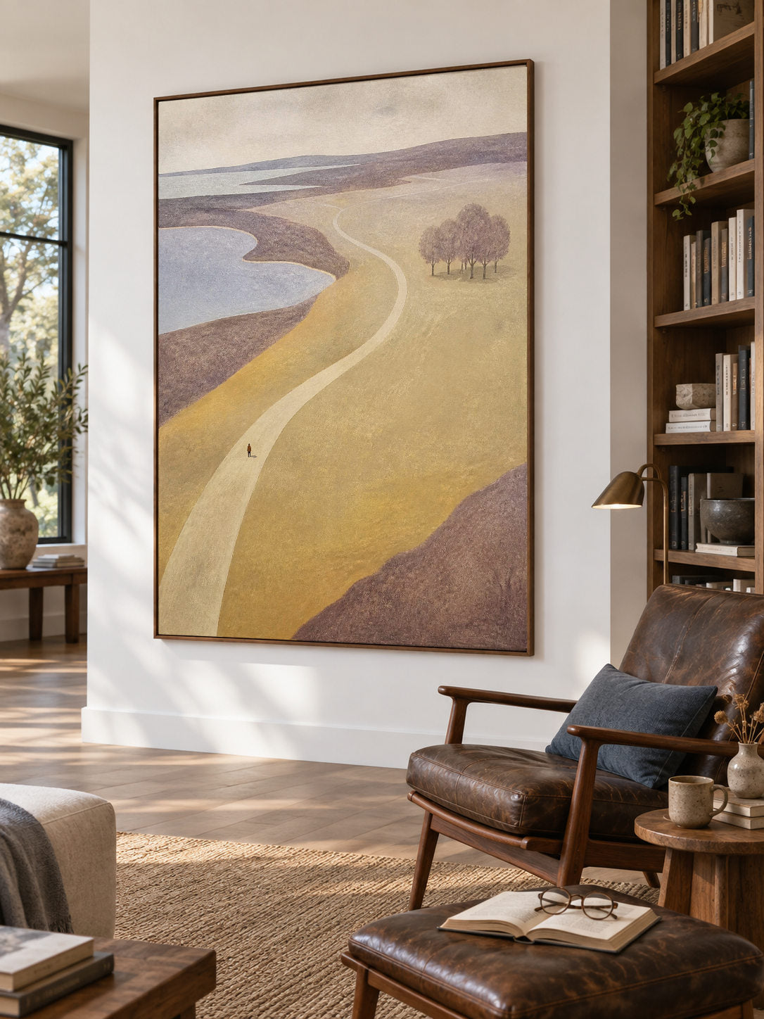 Neutral Ochre Landscape Wall Art With Distant Trees For Modern Bedroom Decor