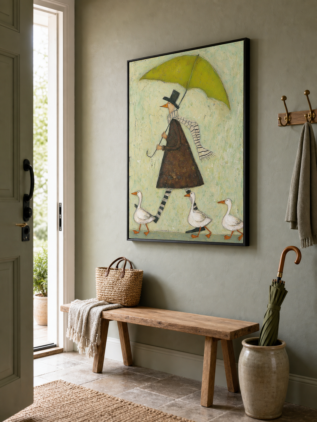 Whimsical Green Umbrella Man With Geese Original Oil Painting On Linen Canvas For Modern Home Decor