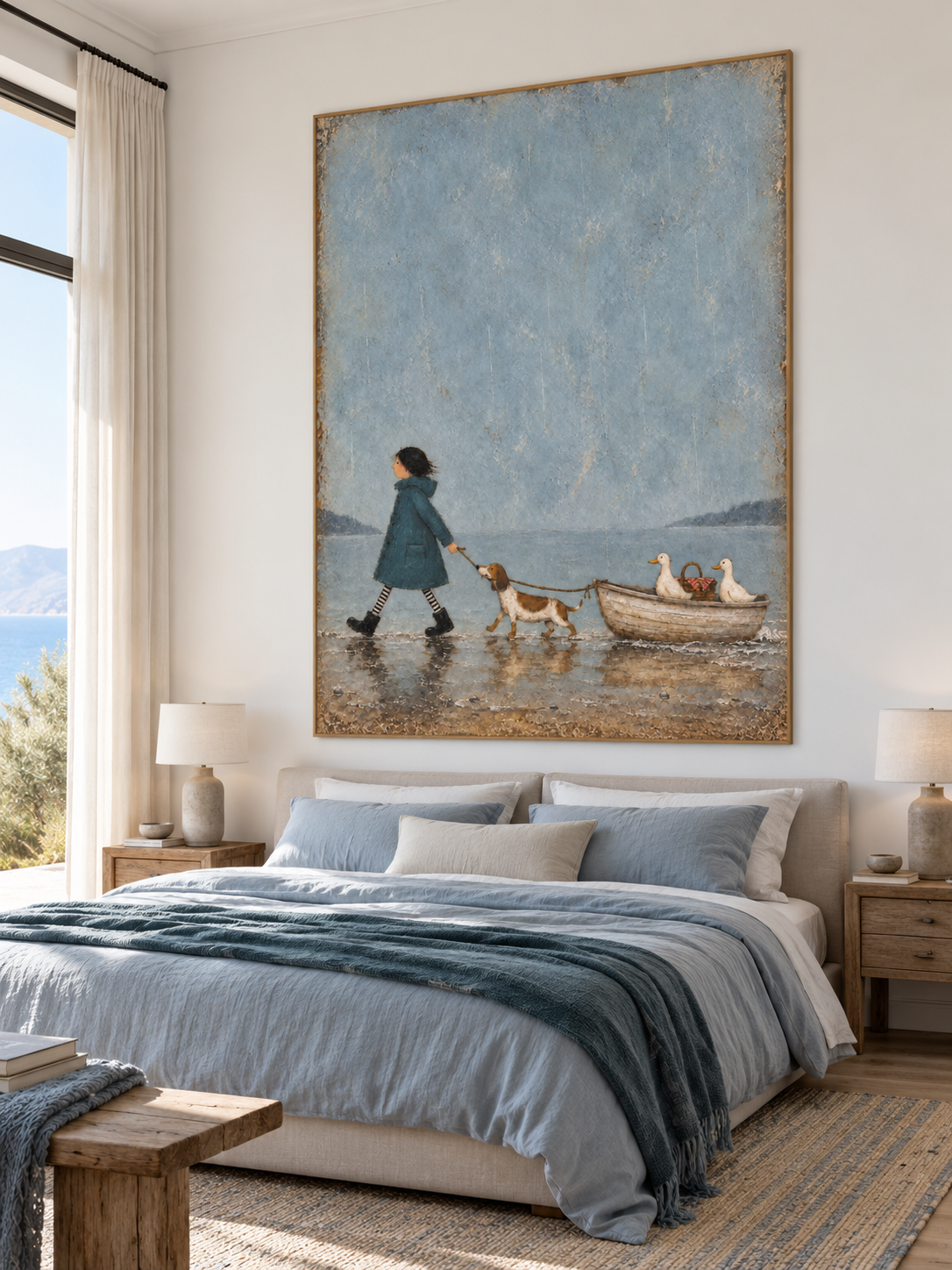 Whimsical Hand Painted Art Of A Child And Dog On A Coastal Adventure For Room Decor
