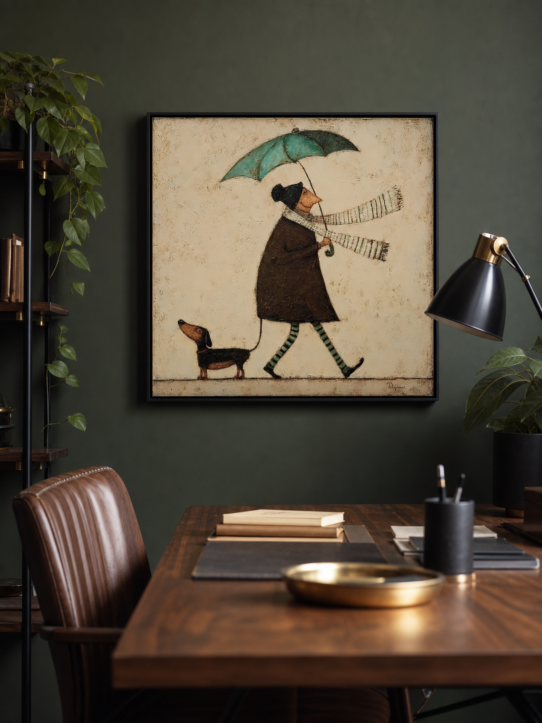 Vintage Textured Beige Abstract Figure Painting With Green Accents For Living Room