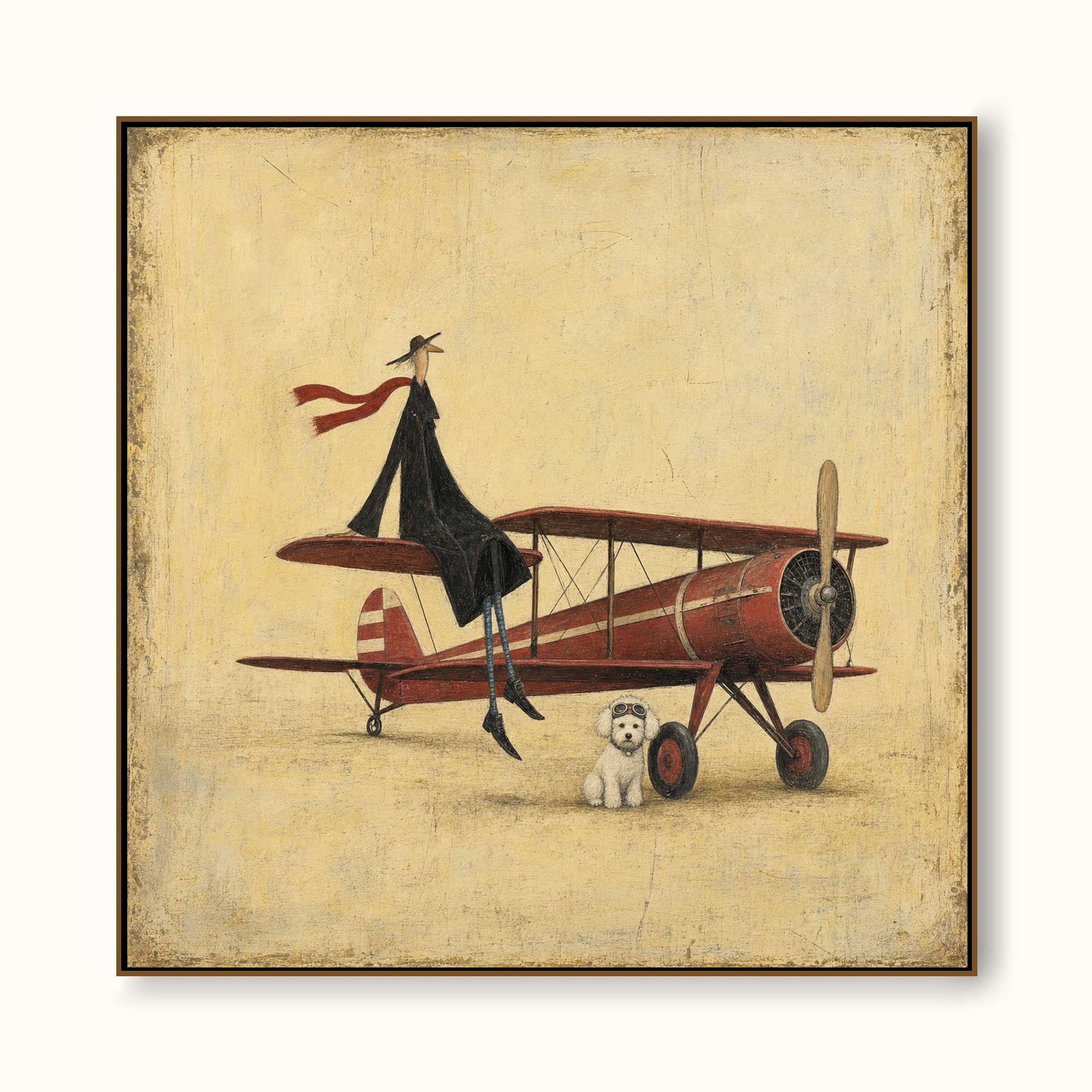 Original Surrealist Oil Painting Aviator Wall Art Handmade Canvas Vintage Airplane Fine Art