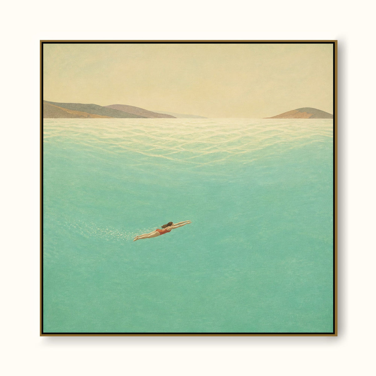 Minimalist Diving Art Original Oil Painting Beige And Green Tones