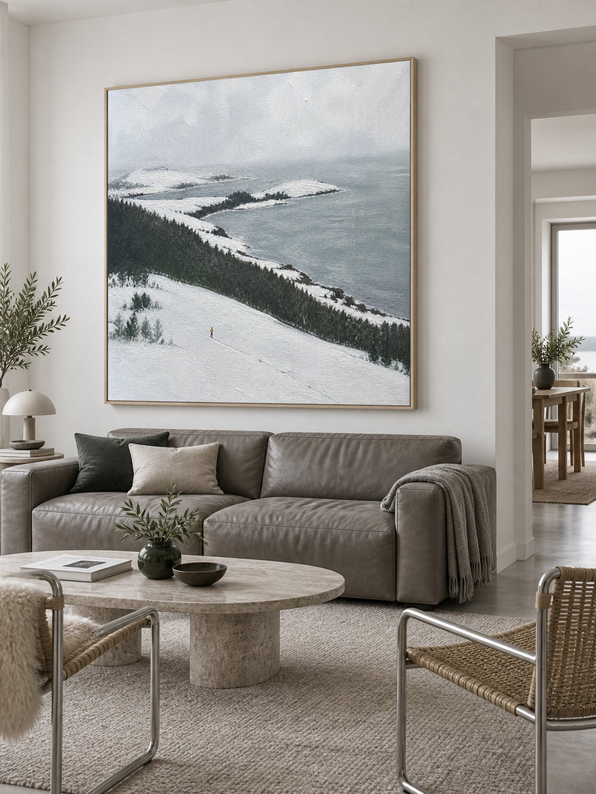 Large Snowy Seaside Landscape Wall Art With Dark Forest For Bedroom Decor