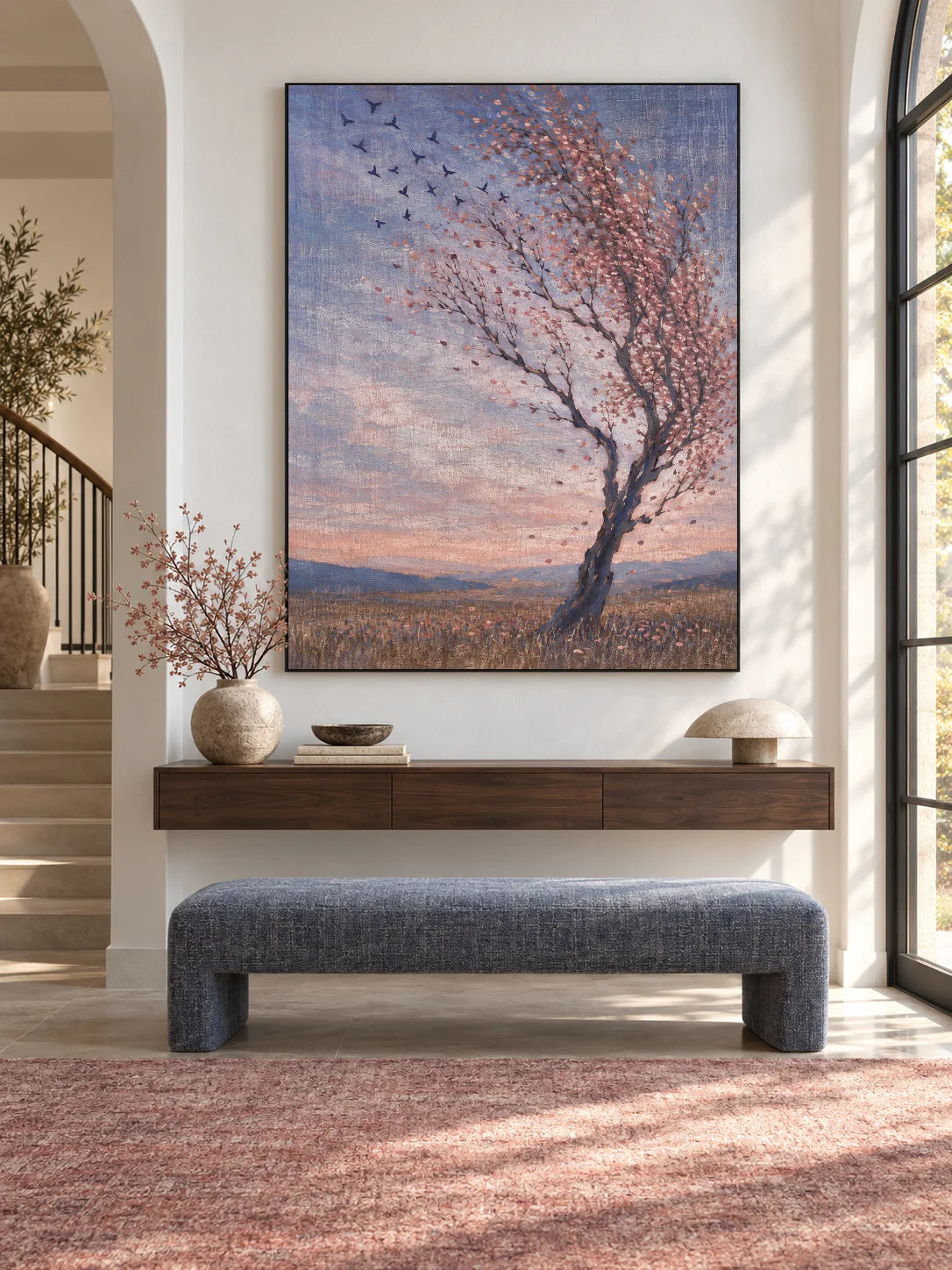 Large Fall Landscape Wall Art Contemporary Tree And Birds Painting For Home
