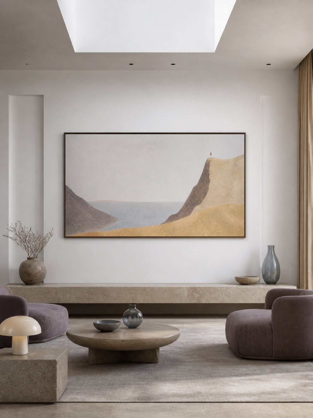 Beige Coastal Wall Art Hand Painted Minimalist Cliff Scene For Bedroom