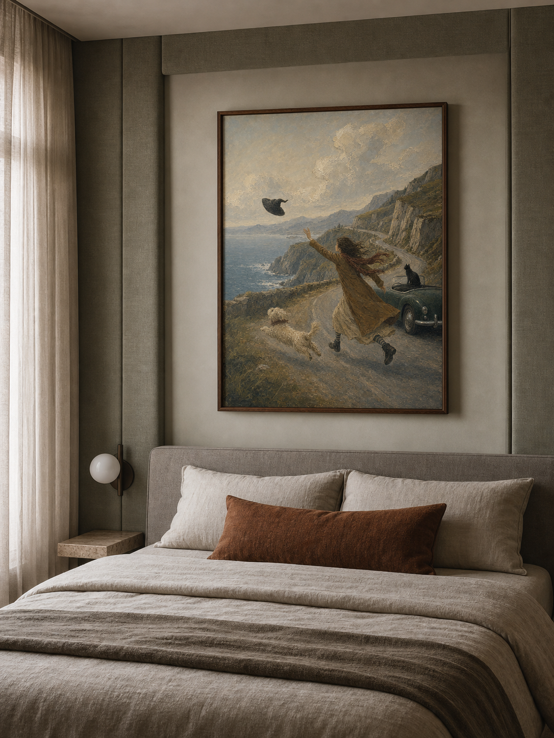 Hand Painted Vintage Road Trip Painting With Dog And Cat Coastal Adventure Wall Art