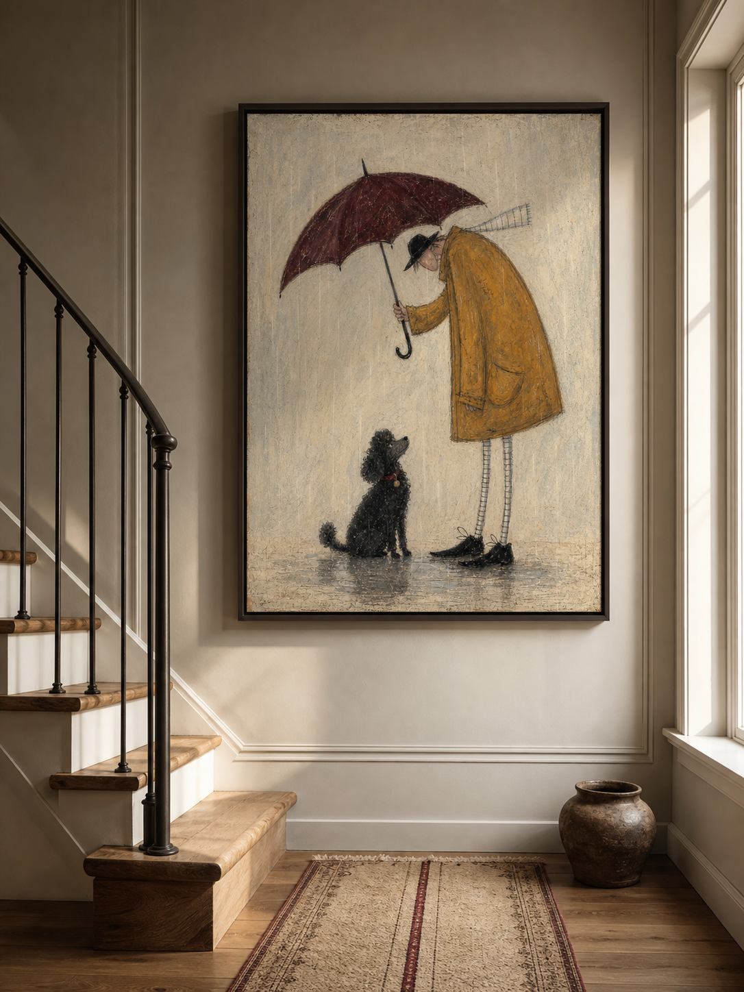 Original Hand-Painted Man And Black Poodle Wall Art, Rainy Day Companion Painting