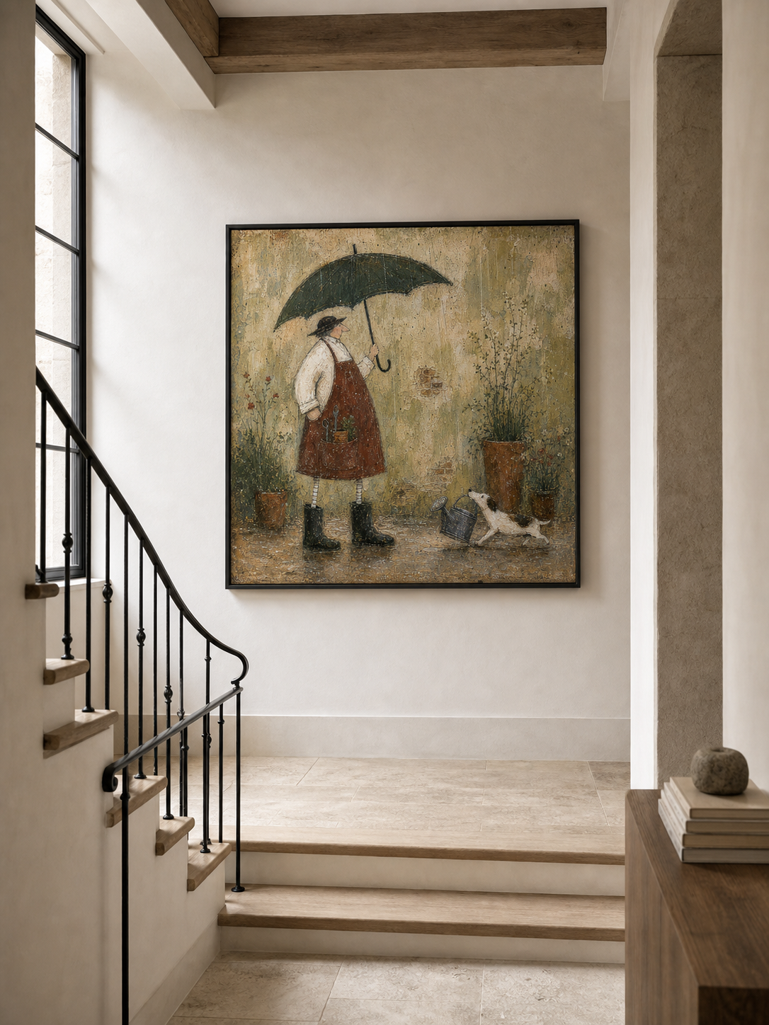 Vintage Gardener With Dog Painting In Earthy Tones For Cozy Home Decor