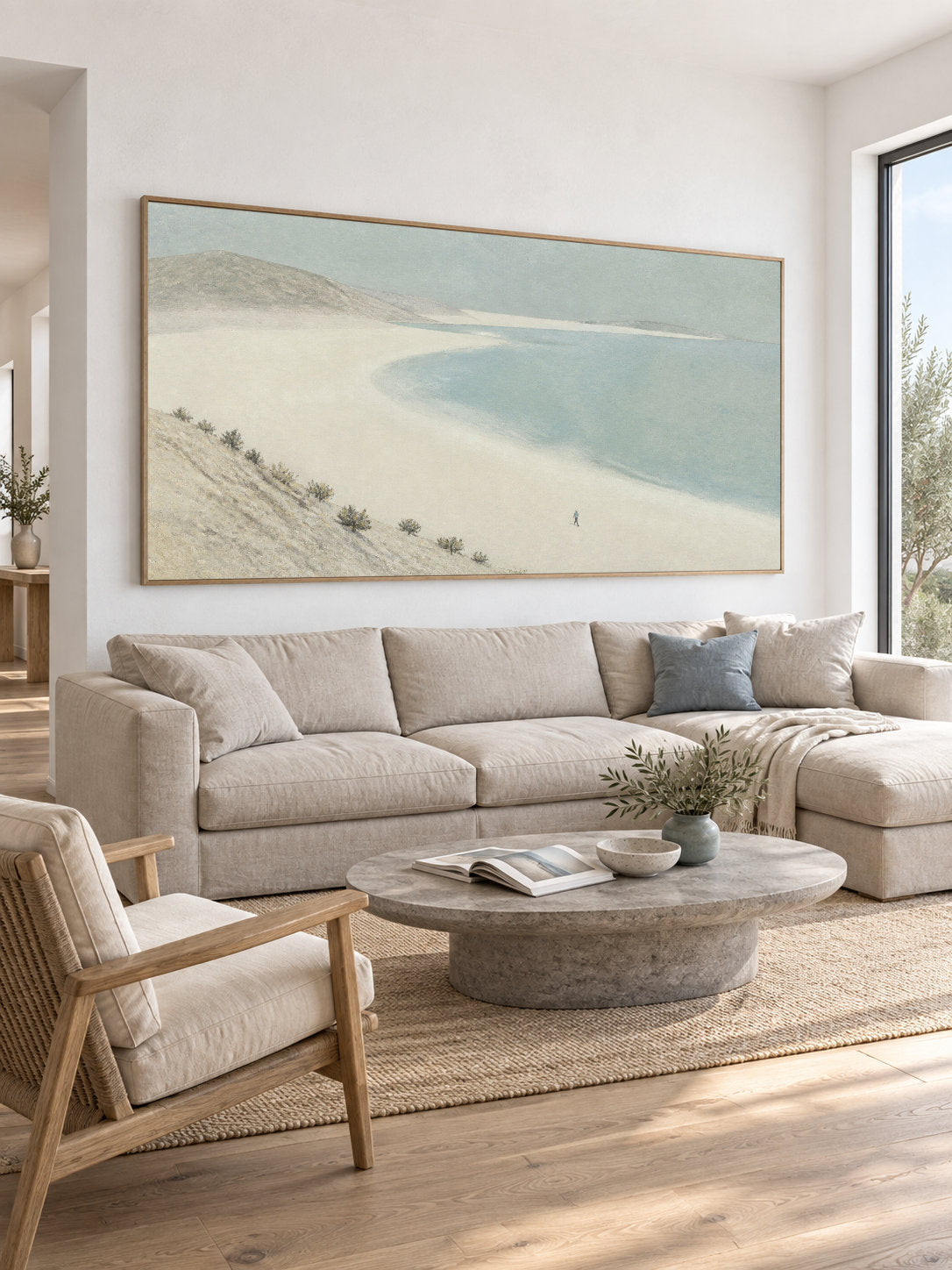 Contemporary Curved Shore Canvas Painting For Modern Coastal Bedroom Decor