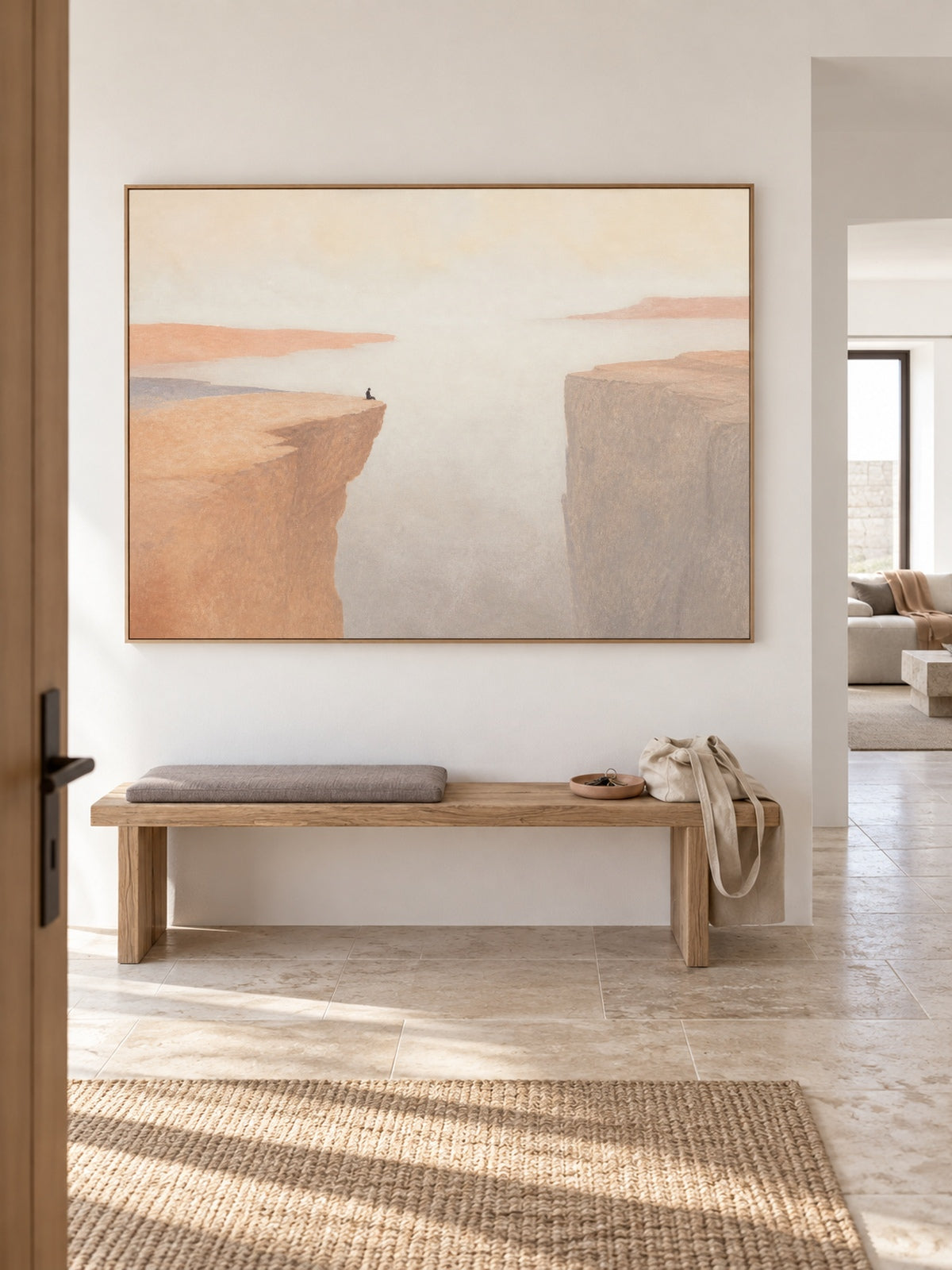 Solitary Figure On Peach Cliff Hand-Painted Canvas Wall Art In Neutral Tones