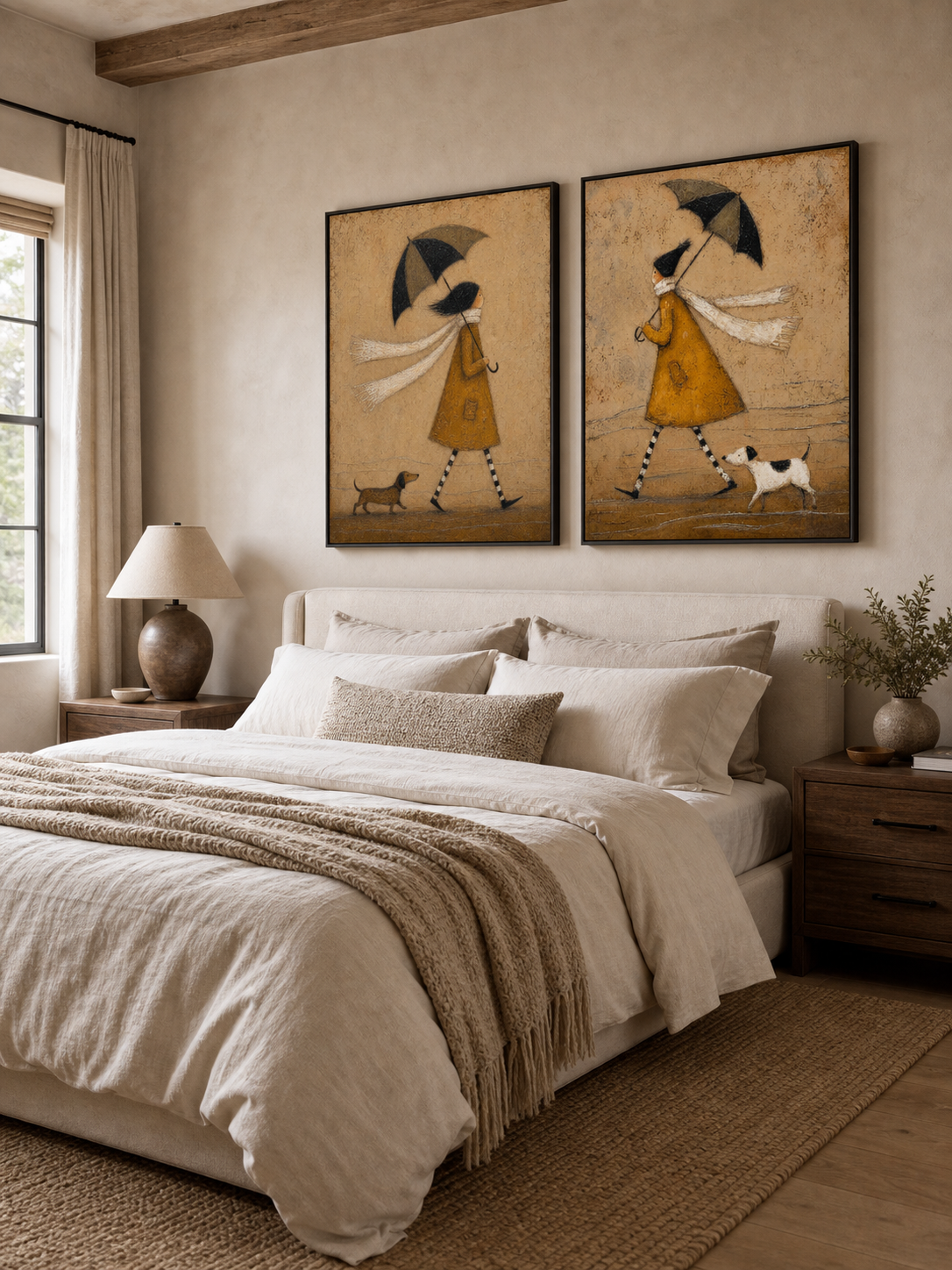 Whimsical Yellow Raincoat Painting With Dog And Umbrella For Modern Entryway Decor