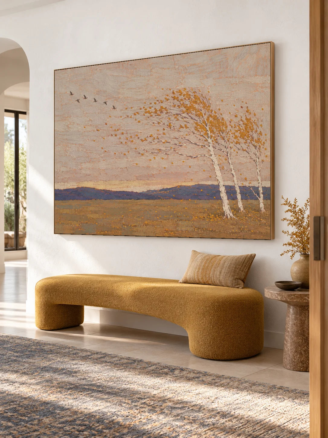 Large Rural Landscape Wall Art Hand Painted Minimalist Birch Tree Canvas Painting