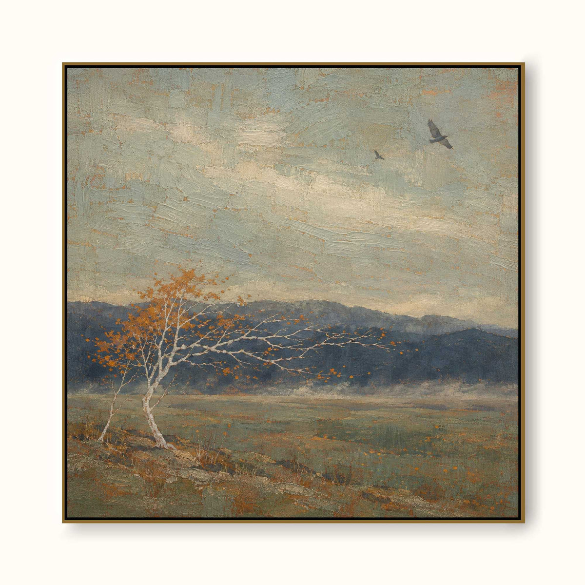 Neutral Windswept Tree And Birds Canvas Art For Quiet Modern Bedroom Decor