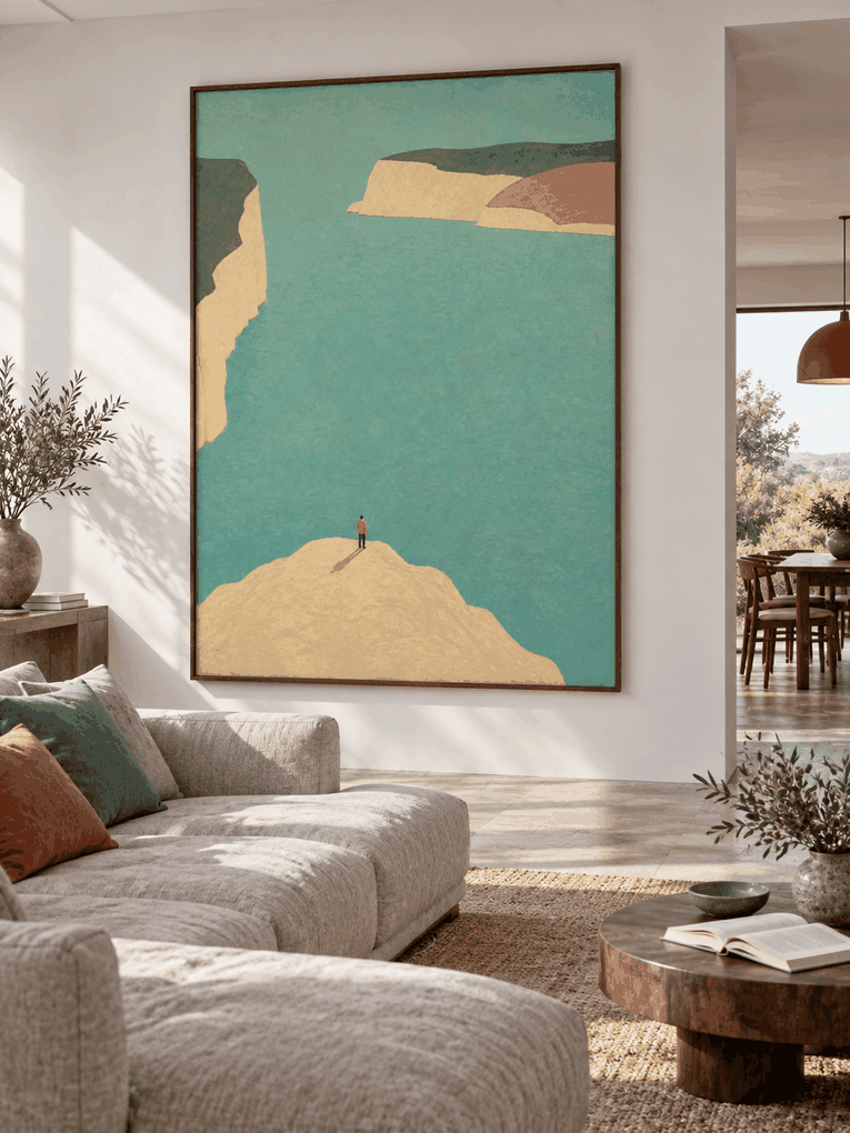 Large Aqua Coastal Landscape Wall Art With Cream Cliffs For Living Room Decor