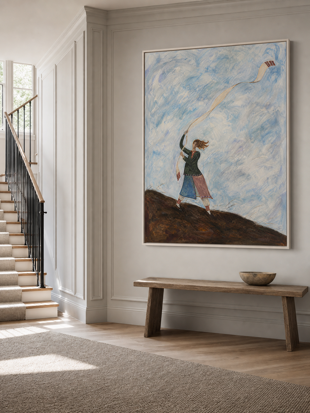 Hand Painted Flowing Ribbon Painting Bohemian Motion Wall Art Naive Figurative Artwork
