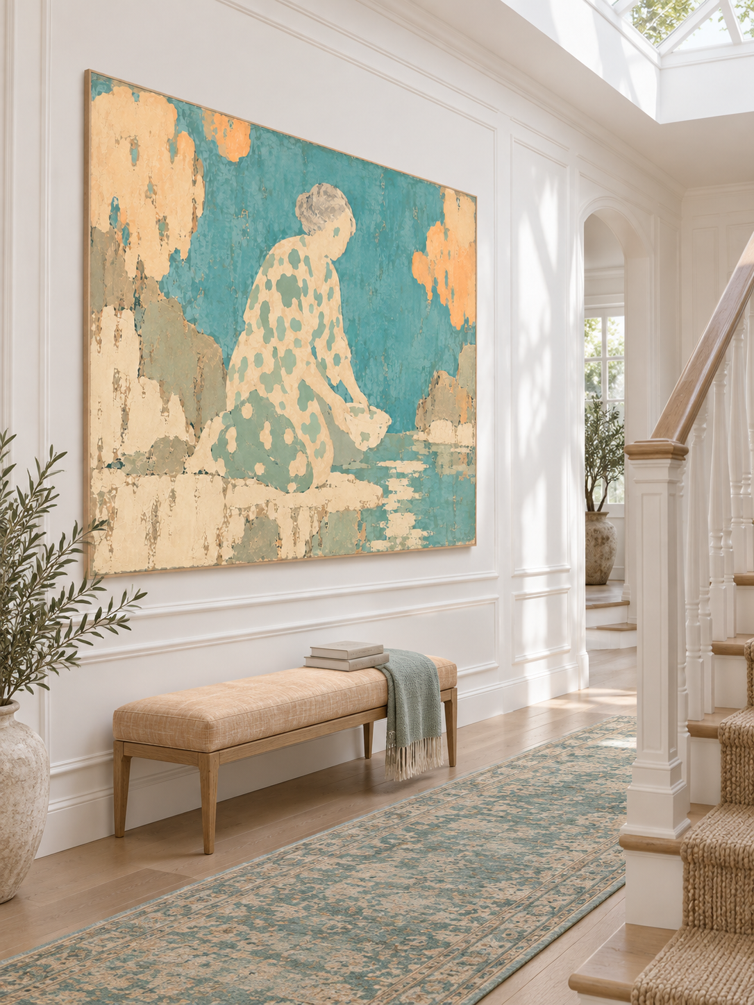 Contemporary Woman Canvas Art In Soft Blue And Cream For Living Room Decor