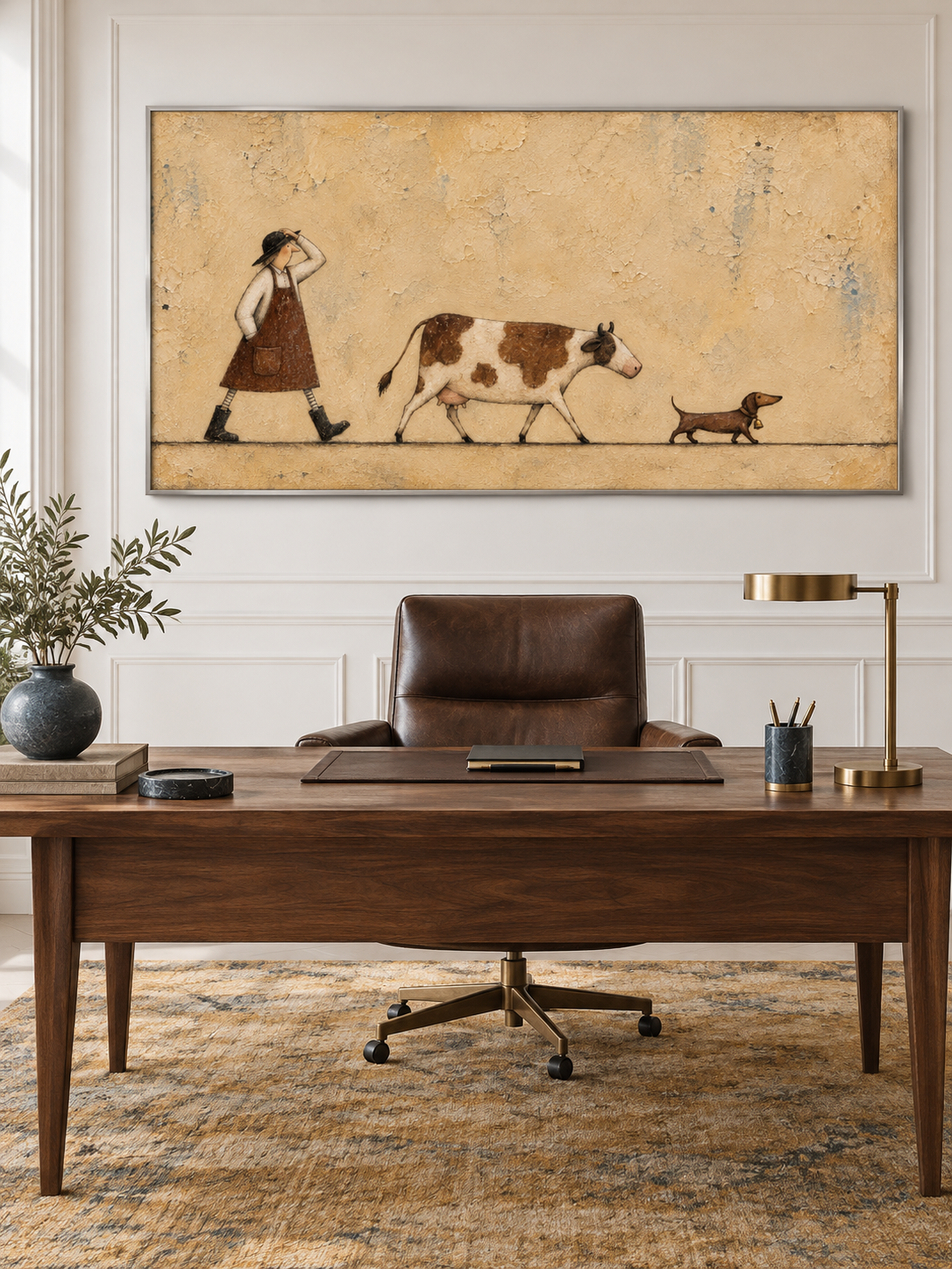 Minimalist Cow And Dachshund Painting Whimsical Rural Life Canvas Wall Art Artwork