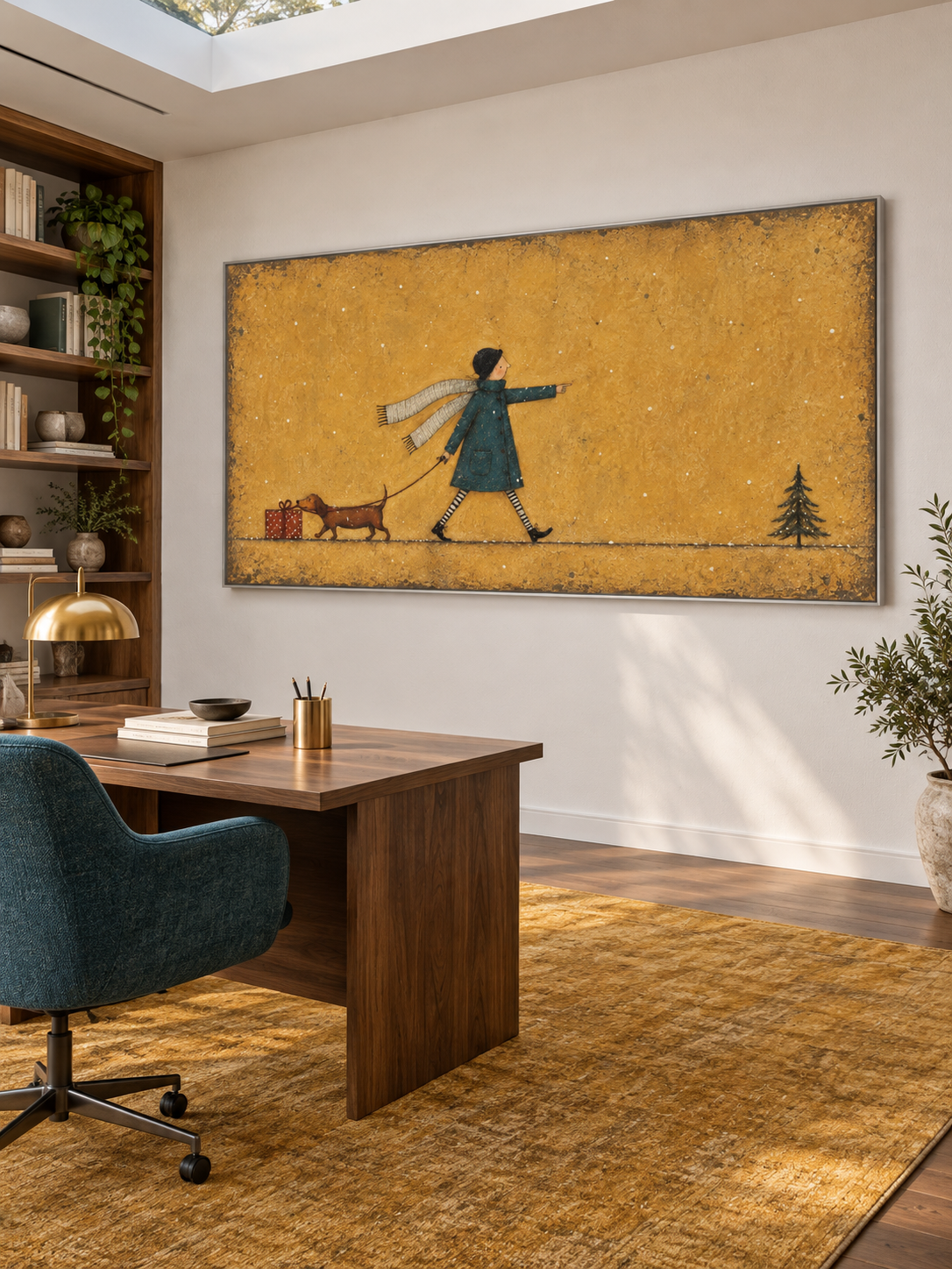 Hand Painted Dog Walk Wall Art Minimalist Playful Christmas Canvas Artwork Painting