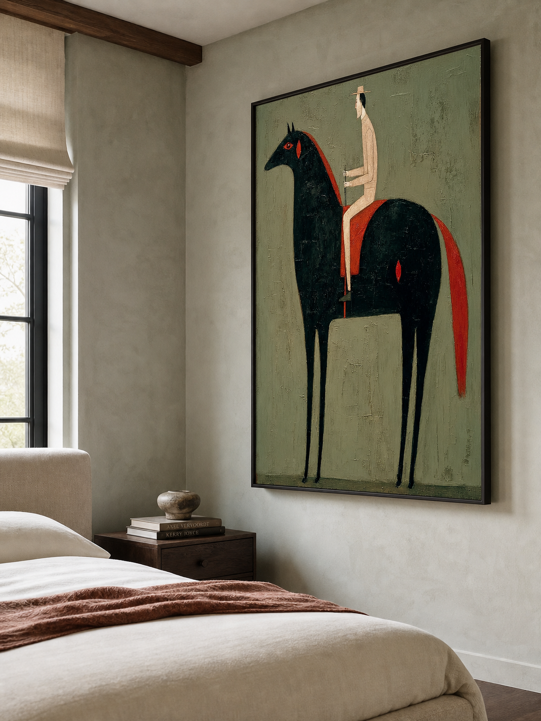 Vintage Equestrian Oil Painting Black Horse And Rider Vertical Canvas Wall Art For Living Room Decor